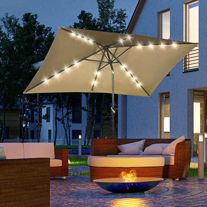 Patio Umbrellas, 6.5' x 10' Rectangular Tilting Patio Umbrella, Solar LED Lights & Hand Crank - Light Coffee Brown - Seasonal Overstock