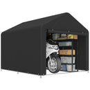 Portable 8 x 7 storage shed with a motorcycle and various items inside on a white background