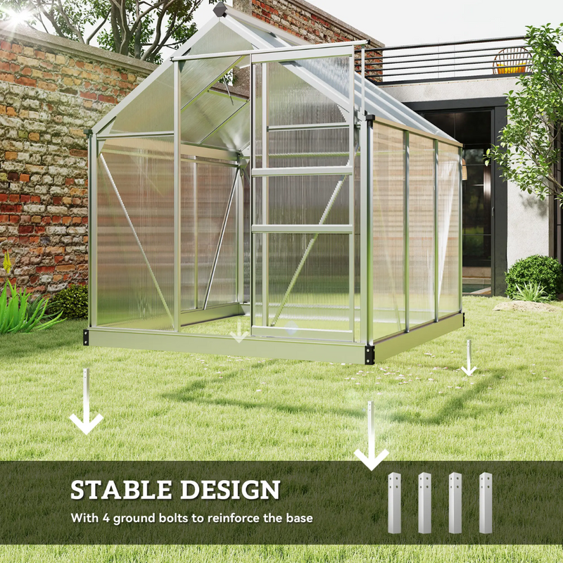 6.2' x 6.3' Walk-In Greenhouse with Aluminum Frame, Polycarbonate Panels, Sliding Door - Silver