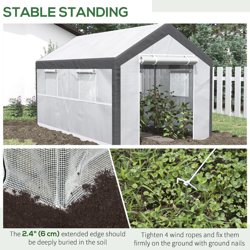 12' x 7' Heavy Duty Walk-In Plastic Cover Garden Greenhouse, Peaked Roof, Steel Frame, White