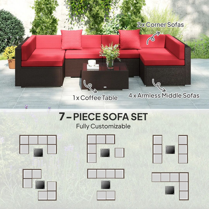 Patio Furniture, Peace River 7 Pc Rattan Wicker Modular Outdoor Furniture Sectional Sofa Set - Red / Brown - Seasonal Overstock