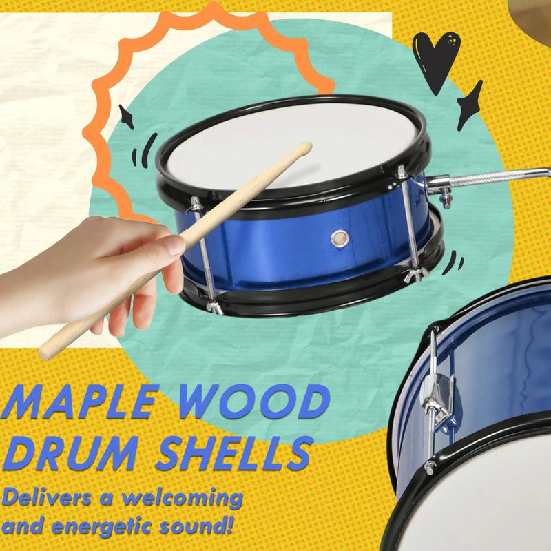 7pc Beginner Blue Drum Set for Kids with Thrown, Cymbal, Pedal and Drumsticks