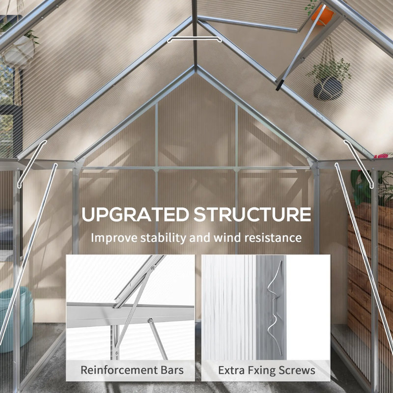 6' x 6' Walk-In Aluminum Frame Greenhouse, Polycarbonate Panels, Sliding Door - Silver