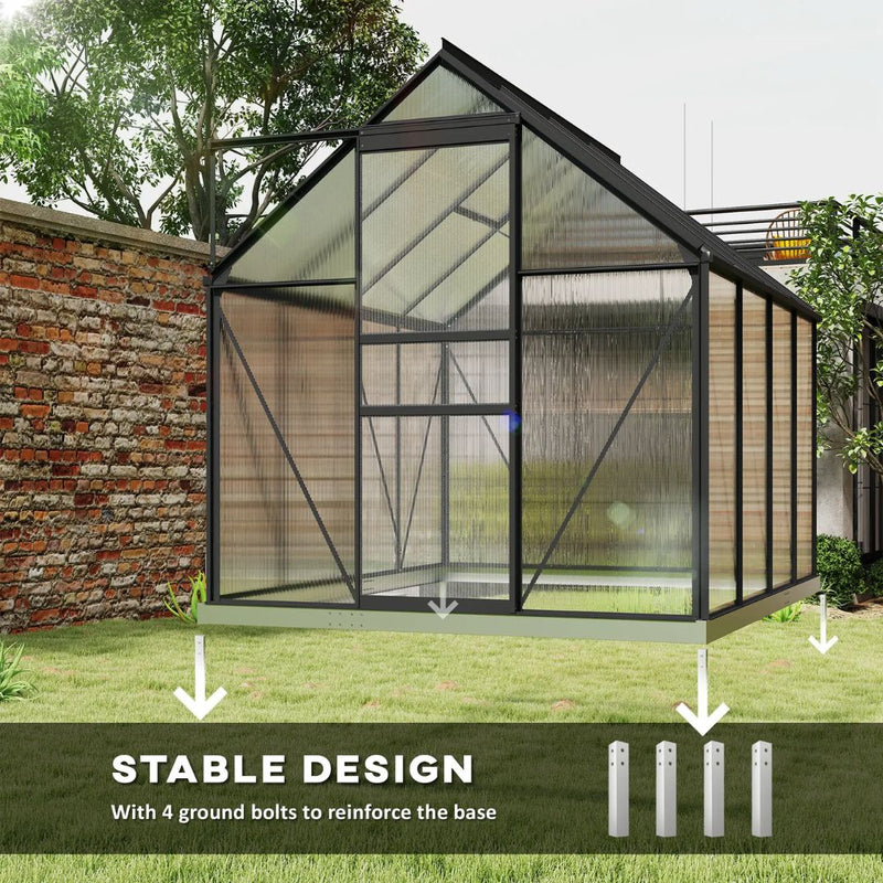 6' x 8' Walk-In Greenhouse with Aluminum Frame and Polycarbonate Panels, Sliding Door - Grey