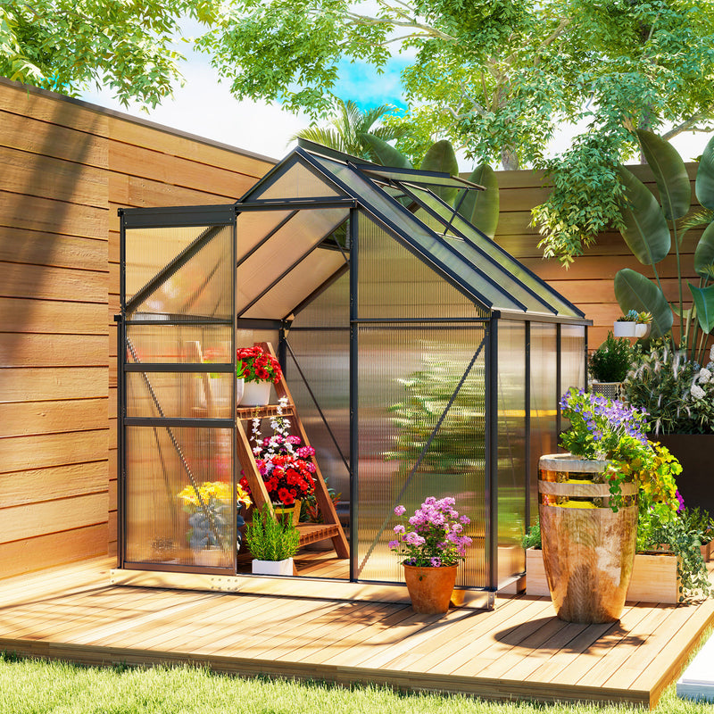 6' x 6' Walk-In Greenhouse with Aluminum Frame and Polycarbonate Panels, Sliding Door - Grey
