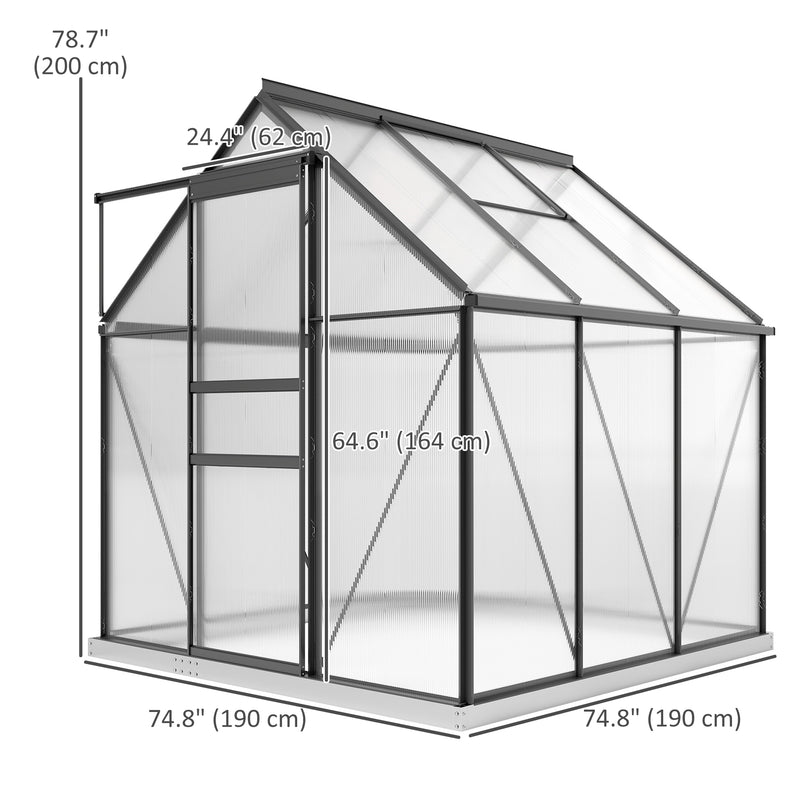 6' x 6' Walk-In Greenhouse with Aluminum Frame and Polycarbonate Panels, Sliding Door - Grey