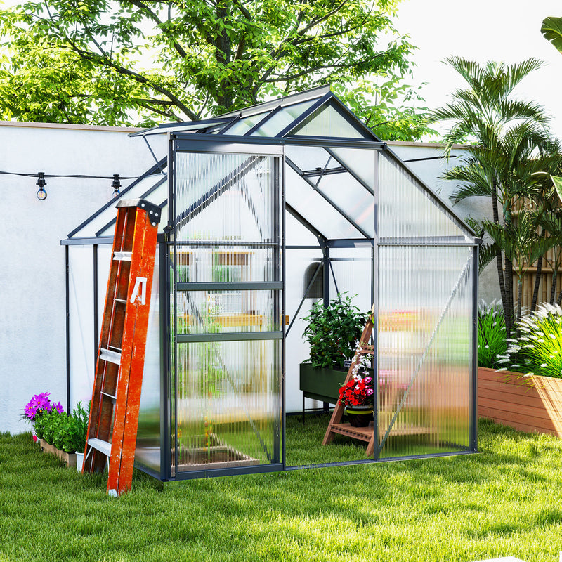 6' x 6' Walk-In Greenhouse with Aluminum Frame and Polycarbonate Panels, Sliding Door - Grey