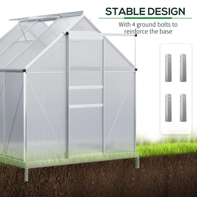 6' x 6' Walk-In Greenhouse with Aluminum Frame and Polycarbonate Panels, Sliding Door - Silver