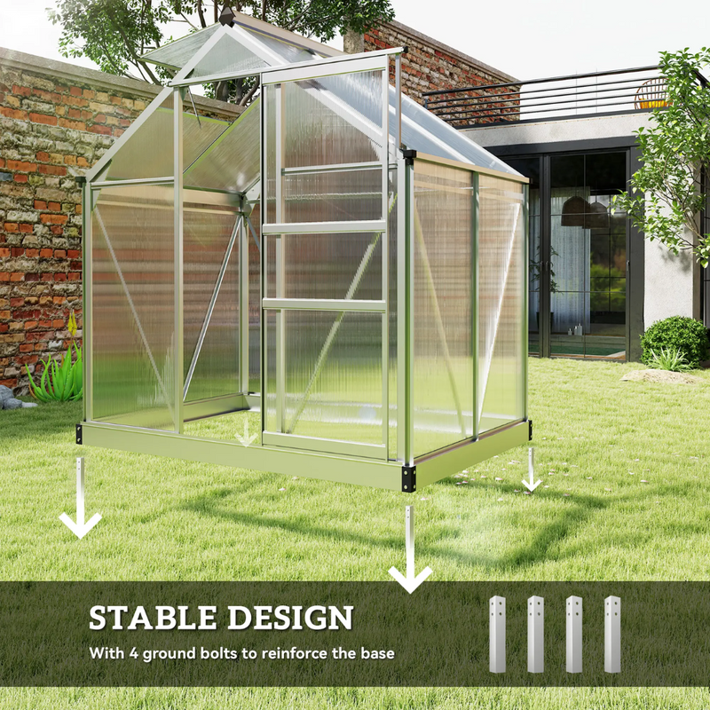 6.2' x 4.3' Walk-In Greenhouse with Aluminum Frame, Polycarbonate Panels and Sliding Door - Silver