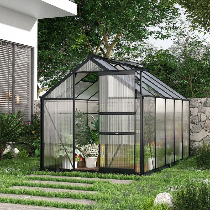 6' x 10' Polycarbonate Walk-in Greenhouse with Aluminum Frame and Sliding Door - Grey