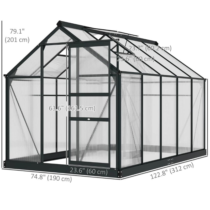 6' x 10' Polycarbonate Walk-in Greenhouse with Aluminum Frame and Sliding Door - Grey