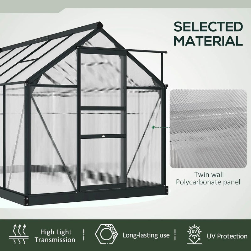 6' x 10' Polycarbonate Walk-in Greenhouse with Aluminum Frame and Sliding Door - Grey