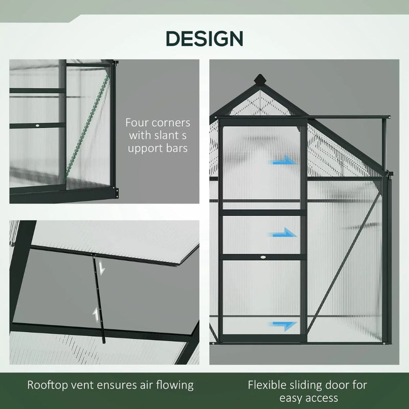 6' x 10' Polycarbonate Walk-in Greenhouse with Aluminum Frame and Sliding Door - Grey