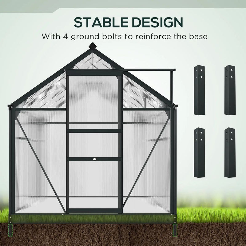 6' x 10' Polycarbonate Walk-in Greenhouse with Aluminum Frame and Sliding Door - Grey