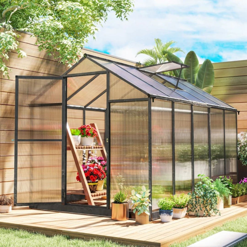 10' x 6.2' Walk-In Aluminum Frame Greenhouse with Polycarbonate Panels, Swing Door - Grey