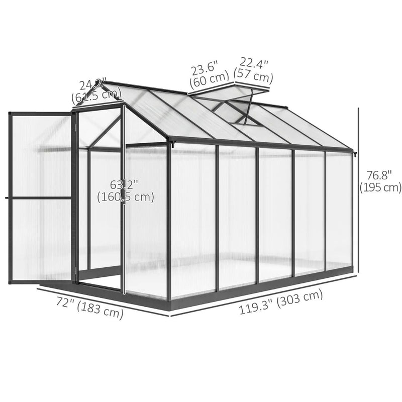 10' x 6.2' Walk-In Aluminum Frame Greenhouse with Polycarbonate Panels, Swing Door - Grey