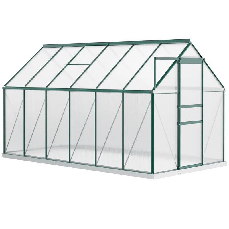 6' x 12' Large Walk-In Greenhouse with Aluminum Frame and Polycarbonate Panels, Sliding Door - Green