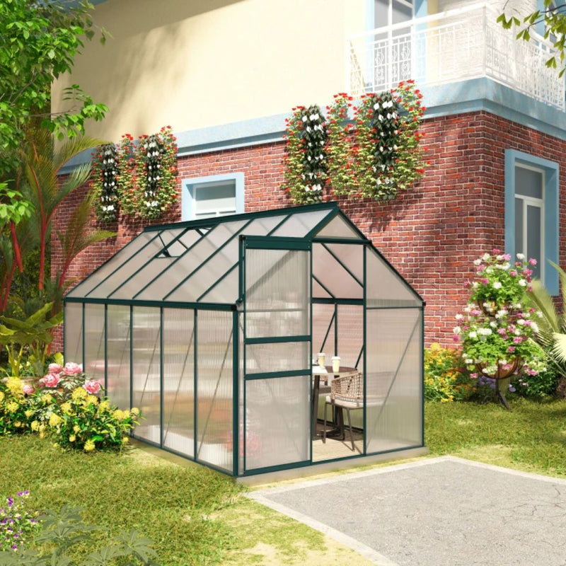 6' x 12' Large Walk-In Greenhouse with Aluminum Frame and Polycarbonate Panels, Sliding Door - Green