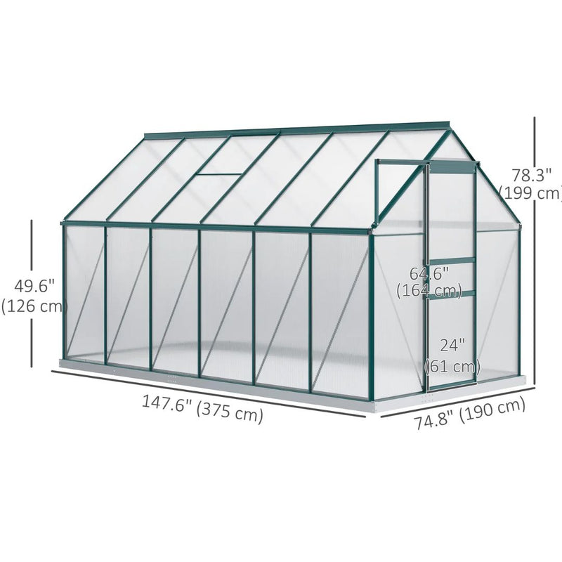 6' x 12' Large Walk-In Greenhouse with Aluminum Frame and Polycarbonate Panels, Sliding Door - Green