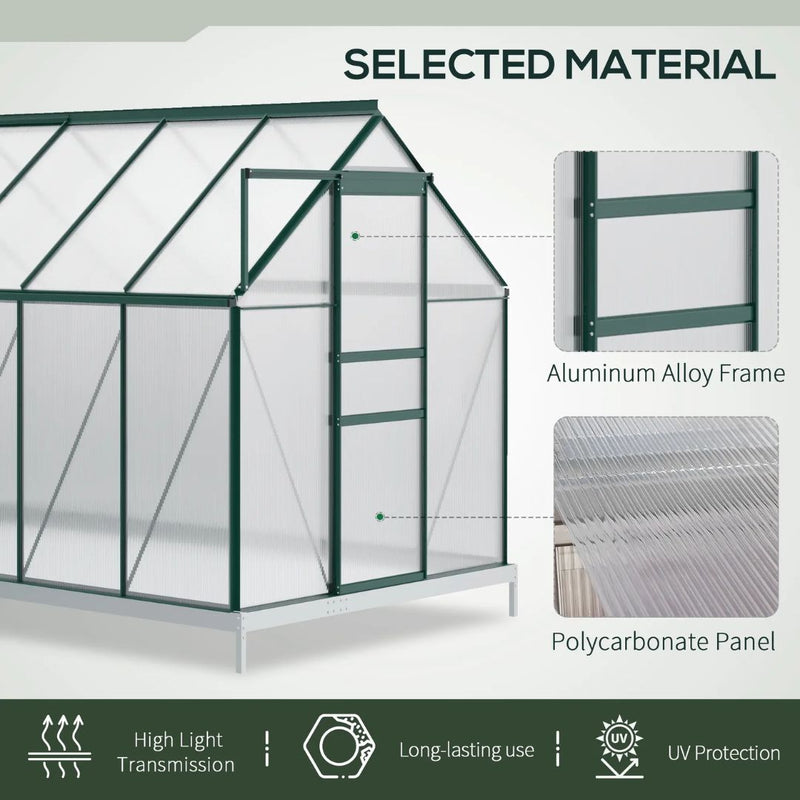 6' x 12' Large Walk-In Greenhouse with Aluminum Frame and Polycarbonate Panels, Sliding Door - Green