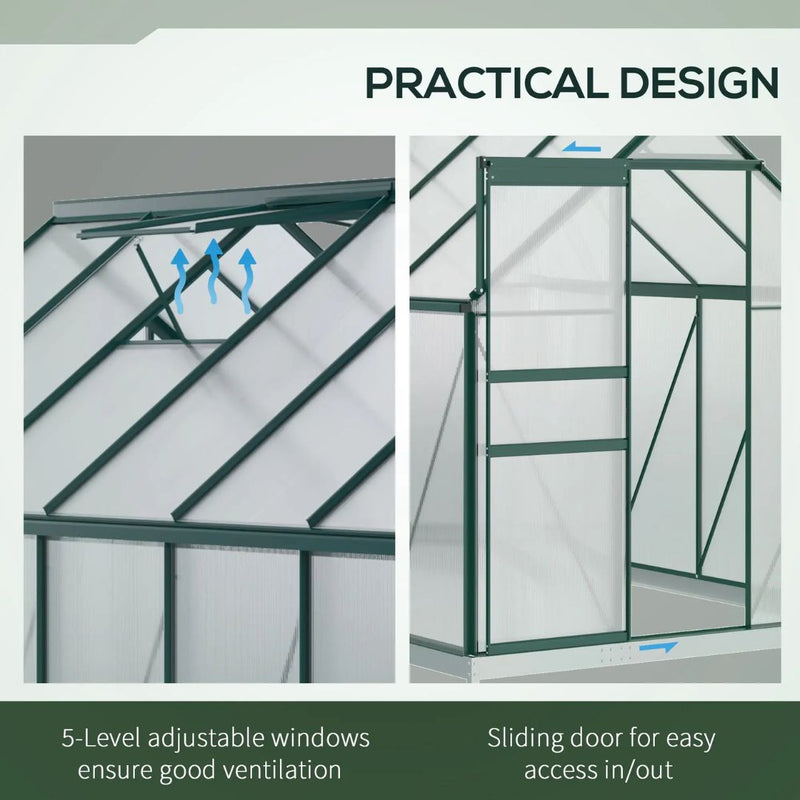 6' x 12' Large Walk-In Greenhouse with Aluminum Frame and Polycarbonate Panels, Sliding Door - Green