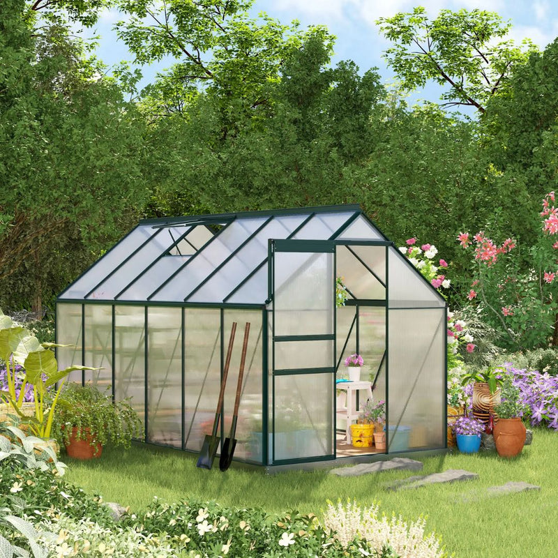 6' x 12' Large Walk-In Greenhouse with Aluminum Frame and Polycarbonate Panels, Sliding Door - Green