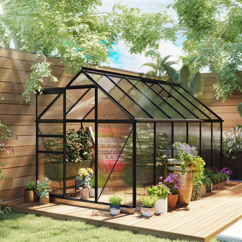 6' x 12' Large Walk-In Greenhouse with Aluminum Frame and Polycarbonate Panels, Sliding Door - Grey