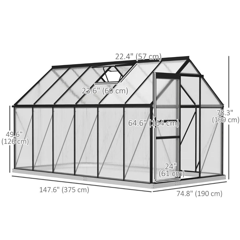 6' x 12' Large Walk-In Greenhouse with Aluminum Frame and Polycarbonate Panels, Sliding Door - Grey