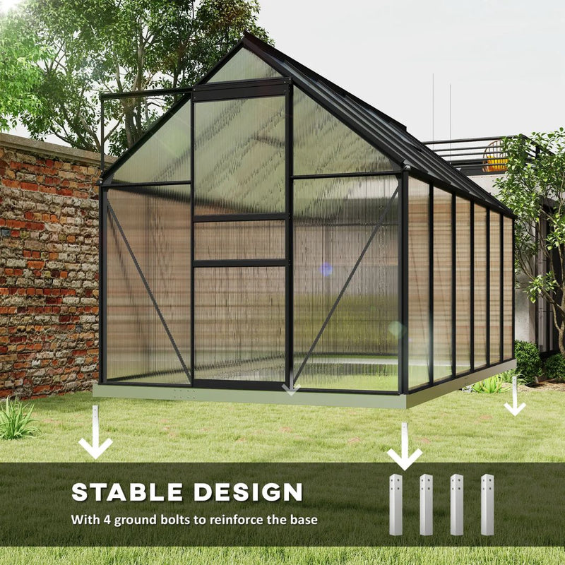 6' x 12' Large Walk-In Greenhouse with Aluminum Frame and Polycarbonate Panels, Sliding Door - Grey