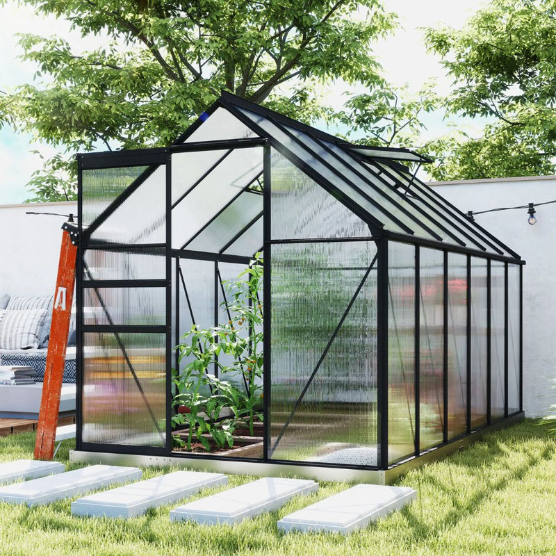 6' x 12' Large Walk-In Greenhouse with Aluminum Frame and Polycarbonate Panels, Sliding Door - Grey