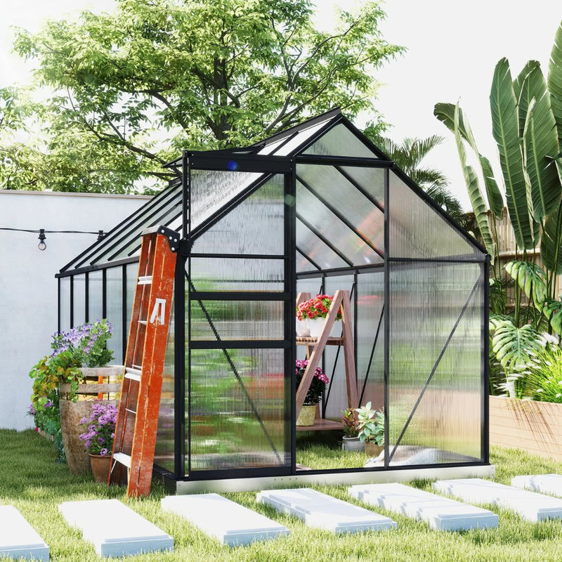 6' x 12' Large Walk-In Greenhouse with Aluminum Frame and Polycarbonate Panels, Sliding Door - Grey