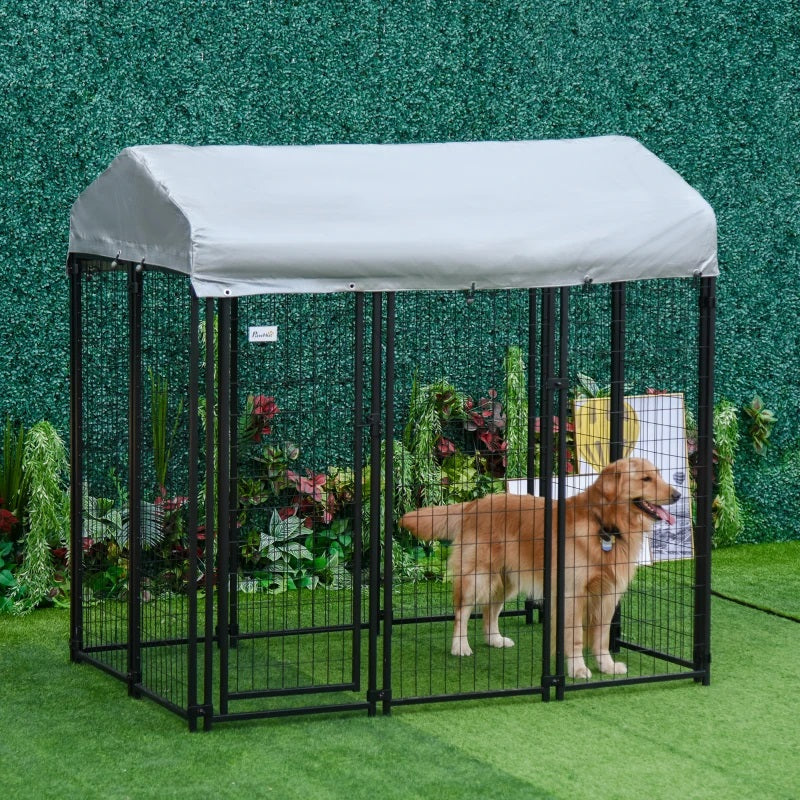 6' x 4' Solid Steel Fence Outdoor Dog Kennel with 6' Height and Oxford Canopy Cover