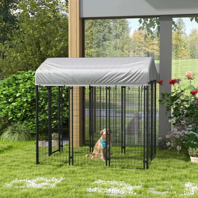 6' x 4' Solid Steel Fence Outdoor Dog Kennel with 6' Height and Oxford Canopy Cover