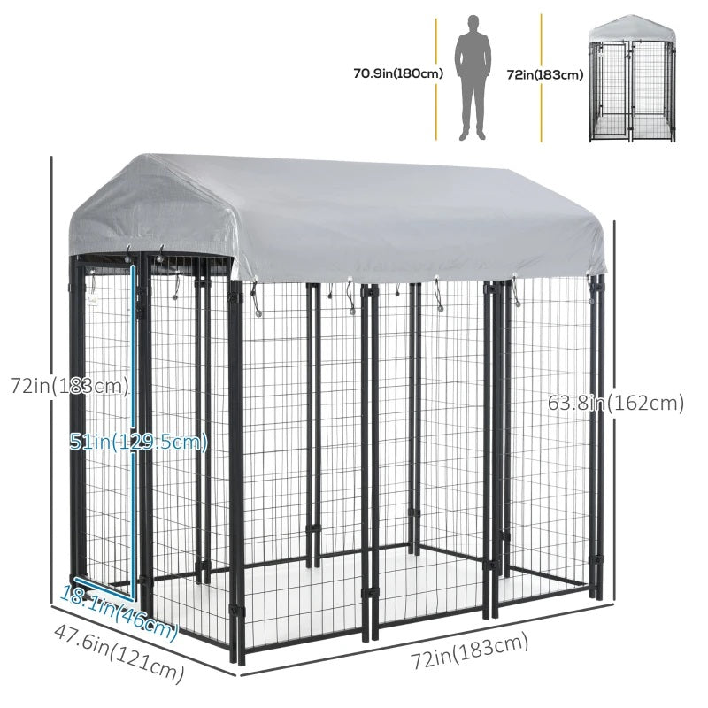 6' x 4' Solid Steel Fence Outdoor Dog Kennel with 6' Height and Oxford Canopy Cover