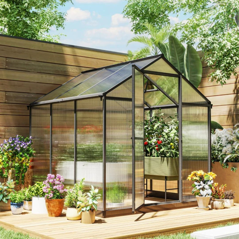 8' x 6' Walk-In Aluminum Frame Greenhouse with Polycarbonate Panels, Swing Door - Dark Grey