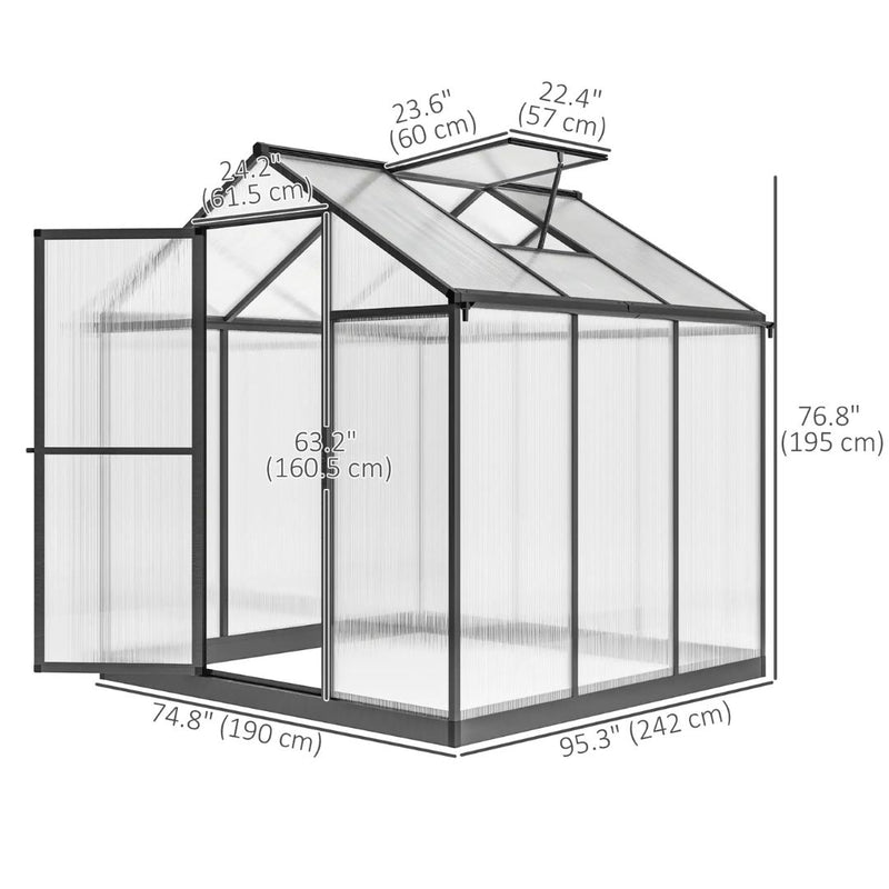 8' x 6' Walk-In Aluminum Frame Greenhouse with Polycarbonate Panels, Swing Door - Dark Grey