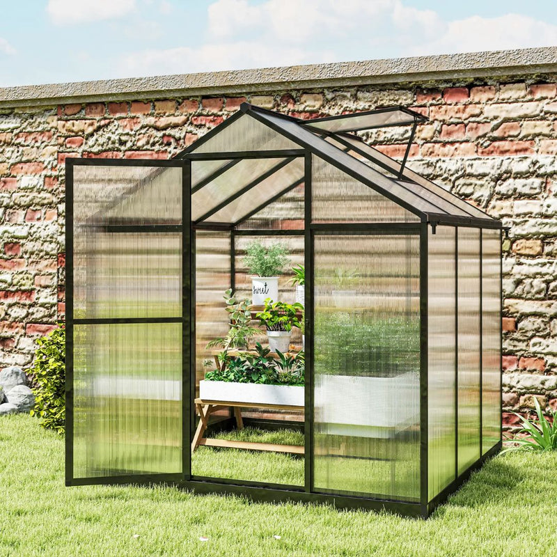 8' x 6' Walk-In Aluminum Frame Greenhouse with Polycarbonate Panels, Swing Door - Dark Grey