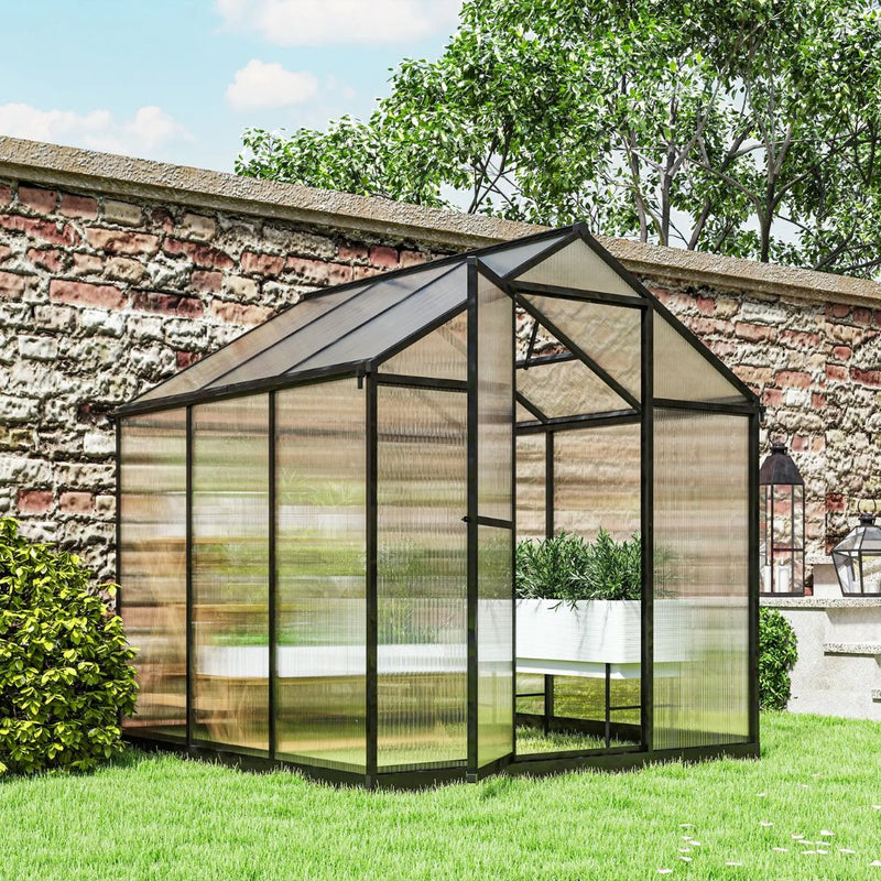 8' x 6' Walk-In Aluminum Frame Greenhouse with Polycarbonate Panels, Swing Door - Dark Grey