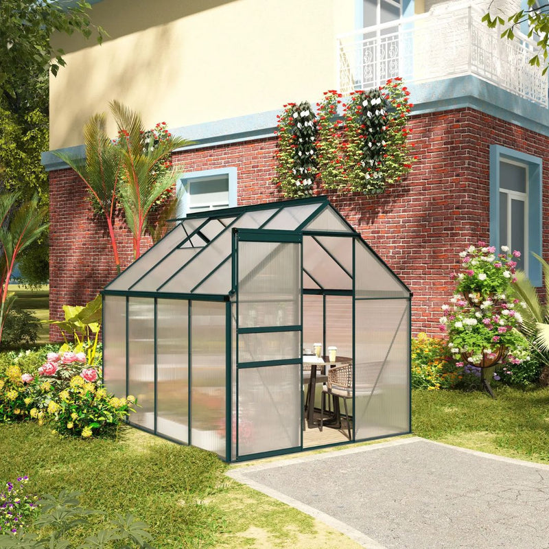 6' x 8' Walk-In Greenhouse with Aluminum Frame and Polycarbonate Panels, Sliding Door - Green