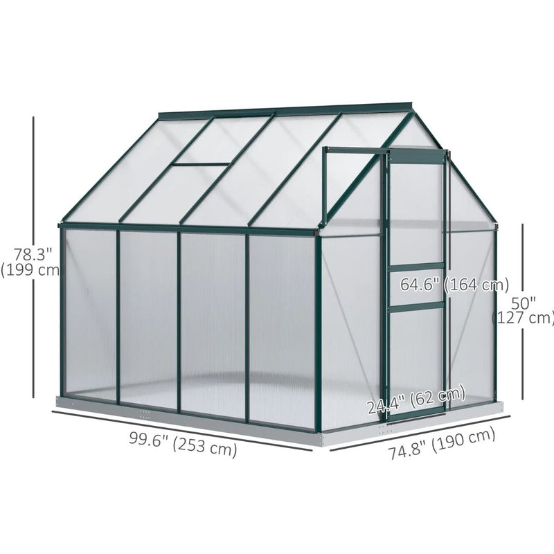 6' x 8' Walk-In Greenhouse with Aluminum Frame and Polycarbonate Panels, Sliding Door - Green