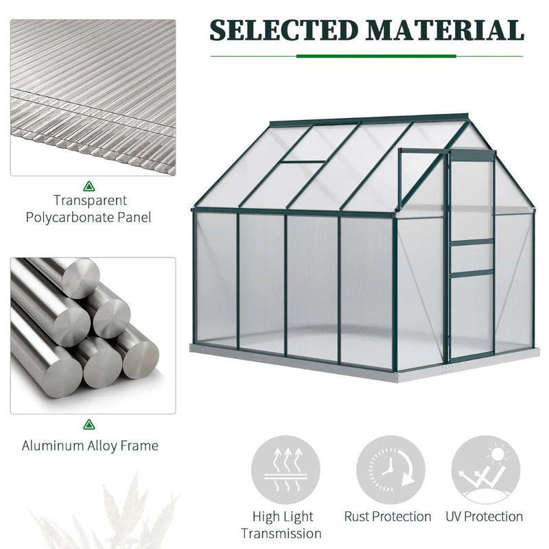 6' x 8' Walk-In Greenhouse with Aluminum Frame and Polycarbonate Panels, Sliding Door - Green