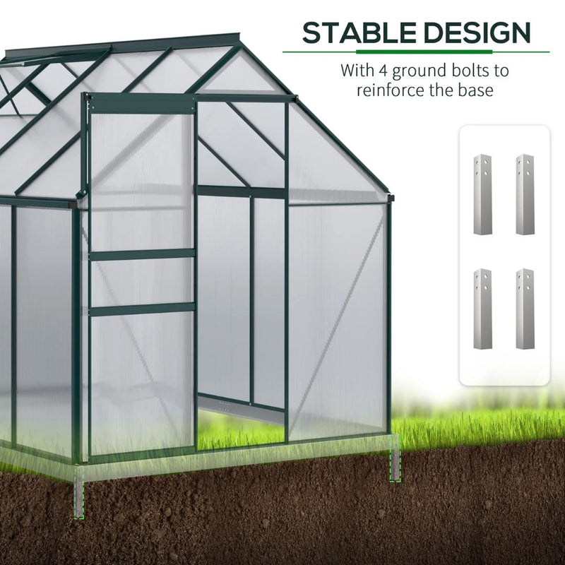 6' x 8' Walk-In Greenhouse with Aluminum Frame and Polycarbonate Panels, Sliding Door - Green