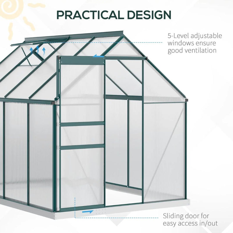 6' x 8' Walk-In Greenhouse with Aluminum Frame and Polycarbonate Panels, Sliding Door - Green