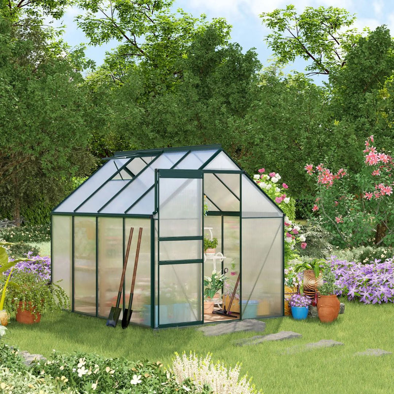 6' x 8' Walk-In Greenhouse with Aluminum Frame and Polycarbonate Panels, Sliding Door - Green