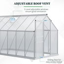 Greenhouse with aluminum frame, polycarbonate panels and adjustable roof vent for ventilation