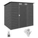 6 x 4 ft gray metal storage shed with lock and gloves on a white background
