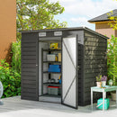 6x4ft Gray garden shed with open door, shelves, and outdoor setting