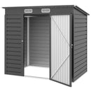 6x4ft Gray metal storage shed with open door on a white background