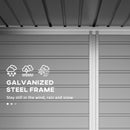 Galvanized steel frame with weather resistance text and icons on a gray background