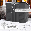 6x4ft gray outdoor storage shed with pent roof design, gloves included for installation, and text indicating rain and snow drainage.